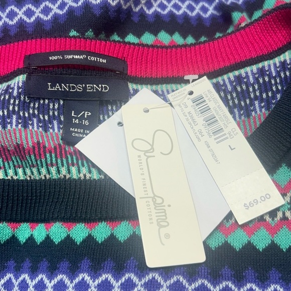 Lands’ End Fair Isle 100% Supima Cotton Crewneck Sweater Size Large Petite NWT - Picture 2 of 6